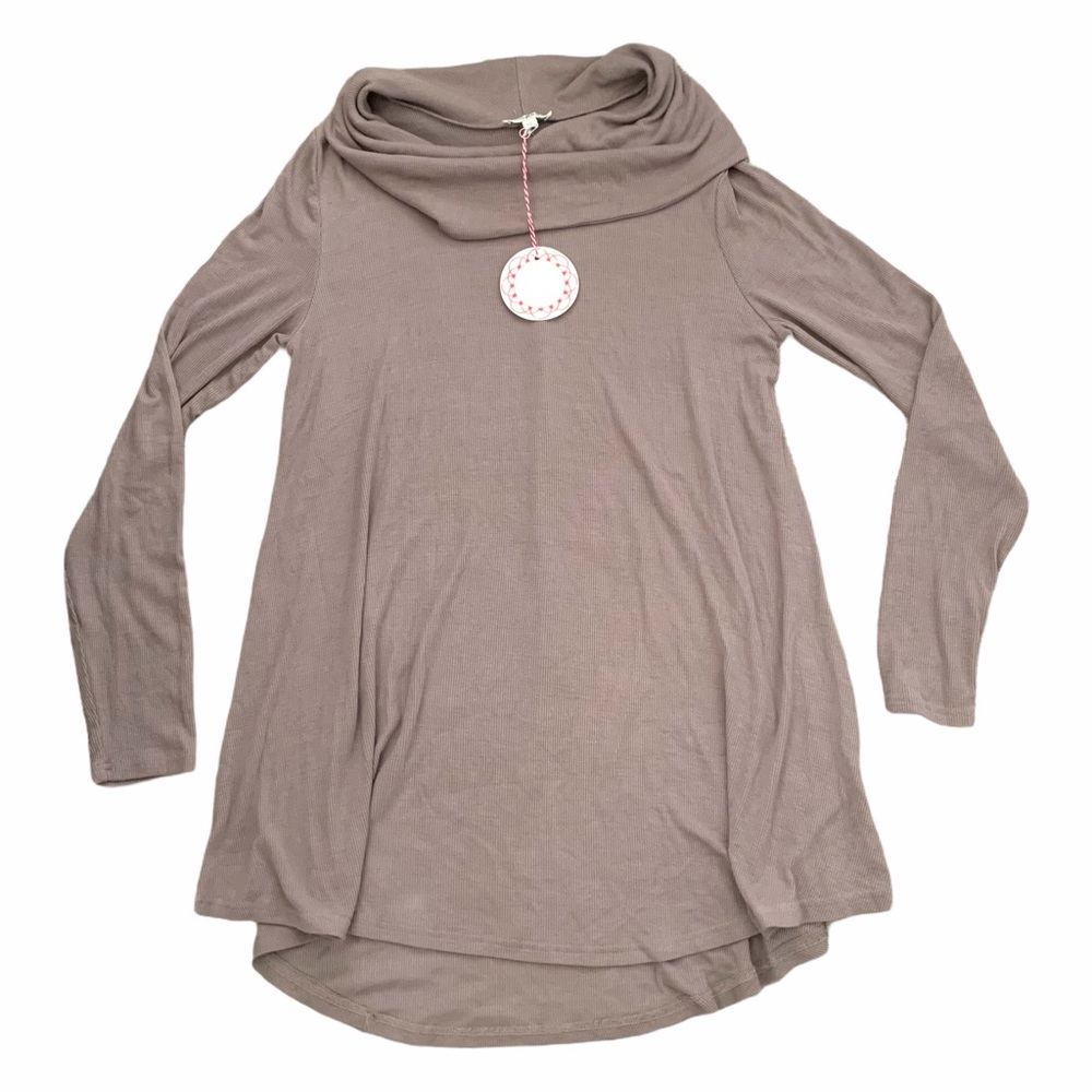 UMGEE Cowl Sweater Tunic Taupe Hi-low Ribbed